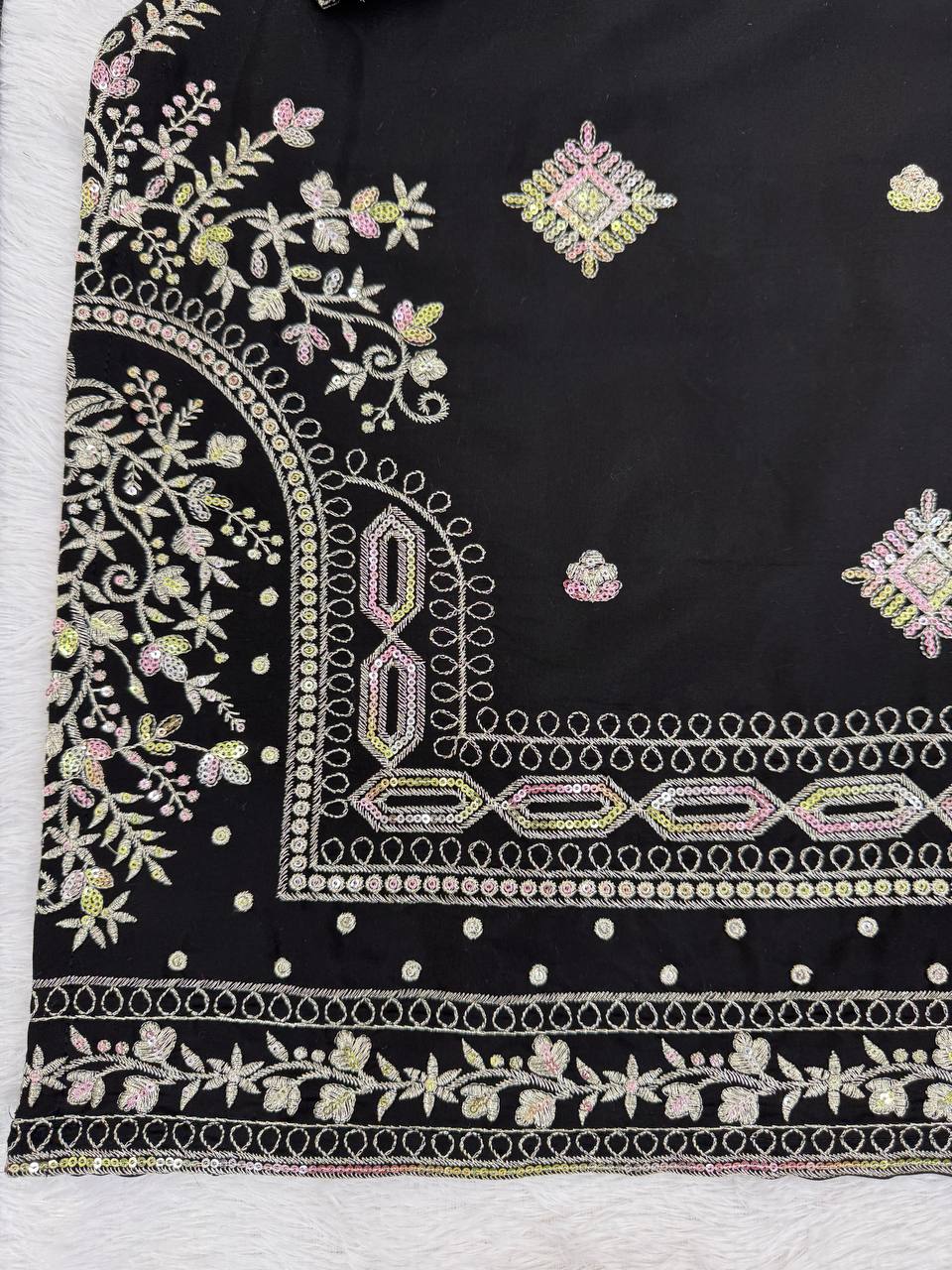 Midnight Elegance Black Roman Silk Sharara Suit