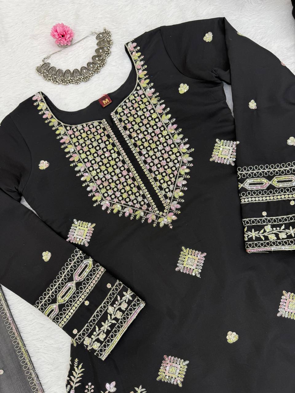 Midnight Elegance Black Roman Silk Sharara Suit