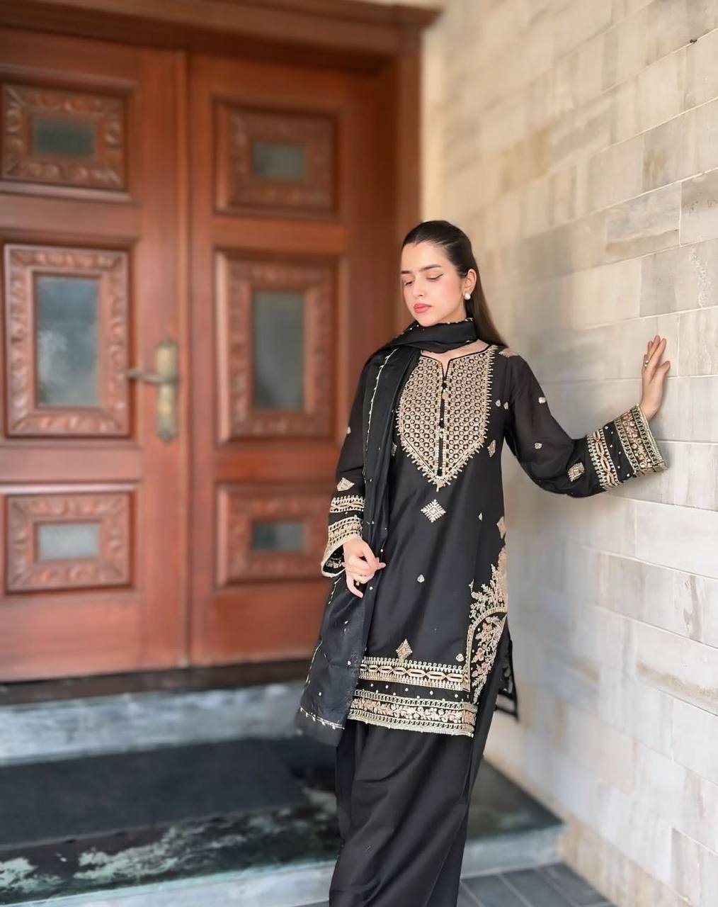 Midnight Elegance Black Roman Silk Sharara Suit