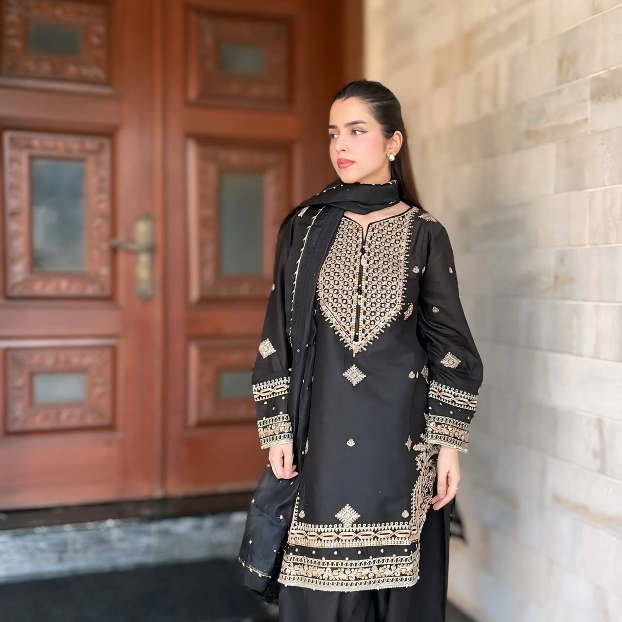 Midnight Elegance Black Roman Silk Sharara Suit