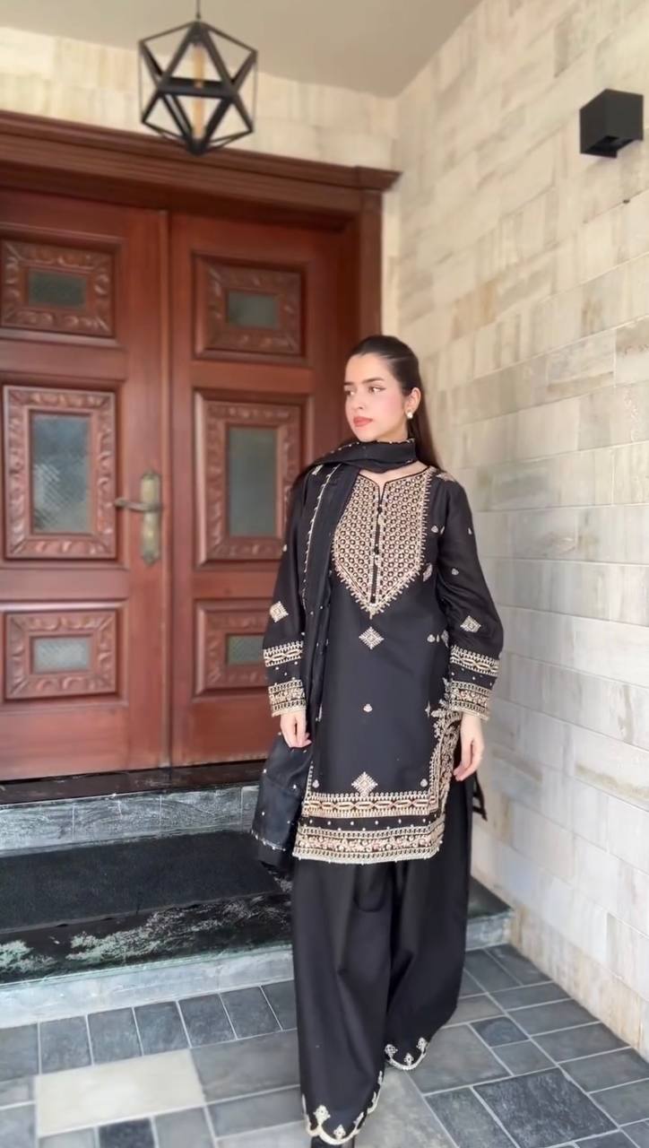 Midnight Elegance Black Roman Silk Sharara Suit
