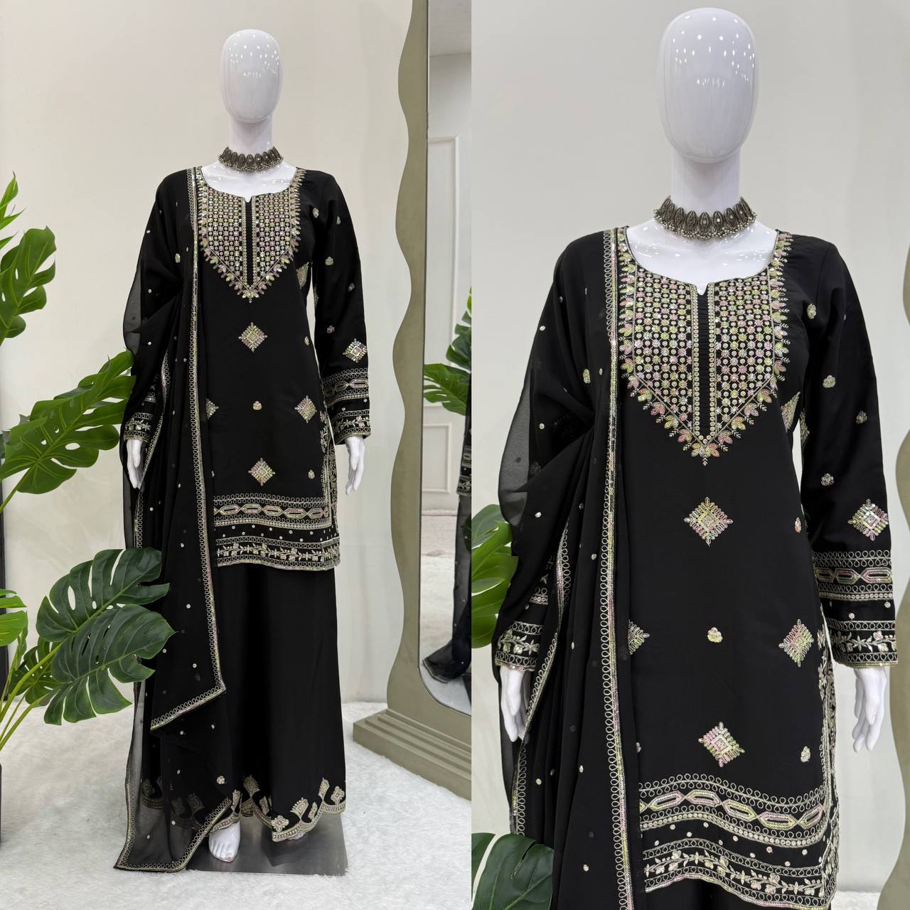 Midnight Elegance Black Roman Silk Sharara Suit