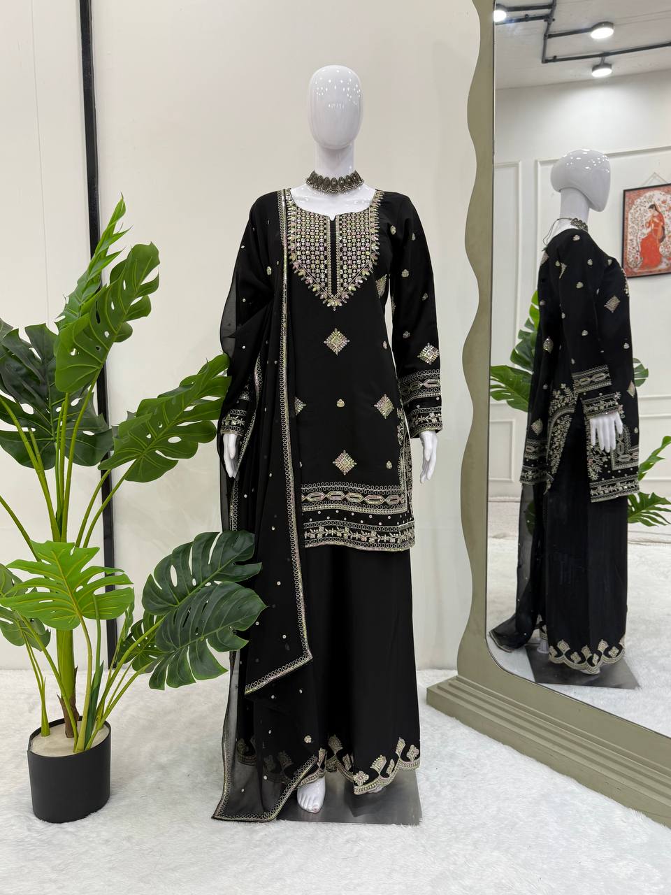 Midnight Elegance Black Roman Silk Sharara Suit