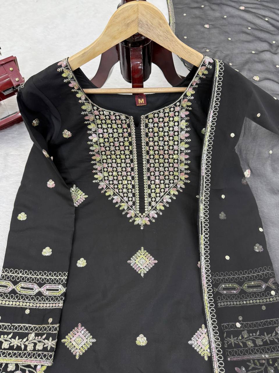 Midnight Elegance Black Roman Silk Sharara Suit