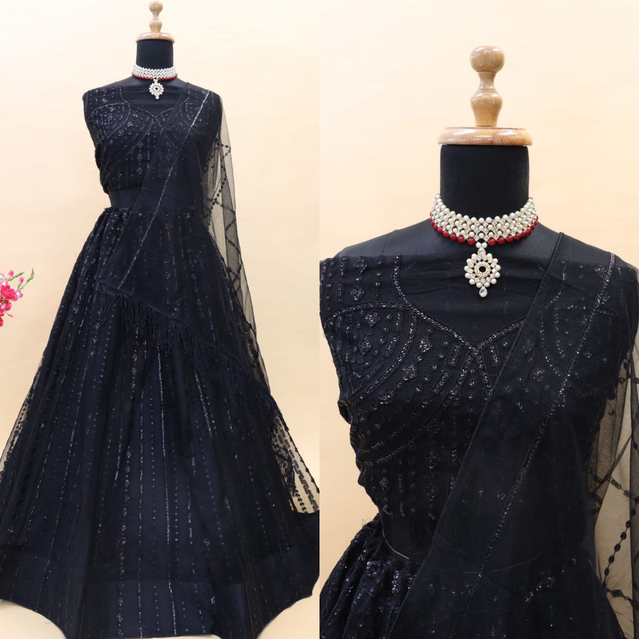 Black Soft Net Embroidered Semi Stitched Lehenga Choli