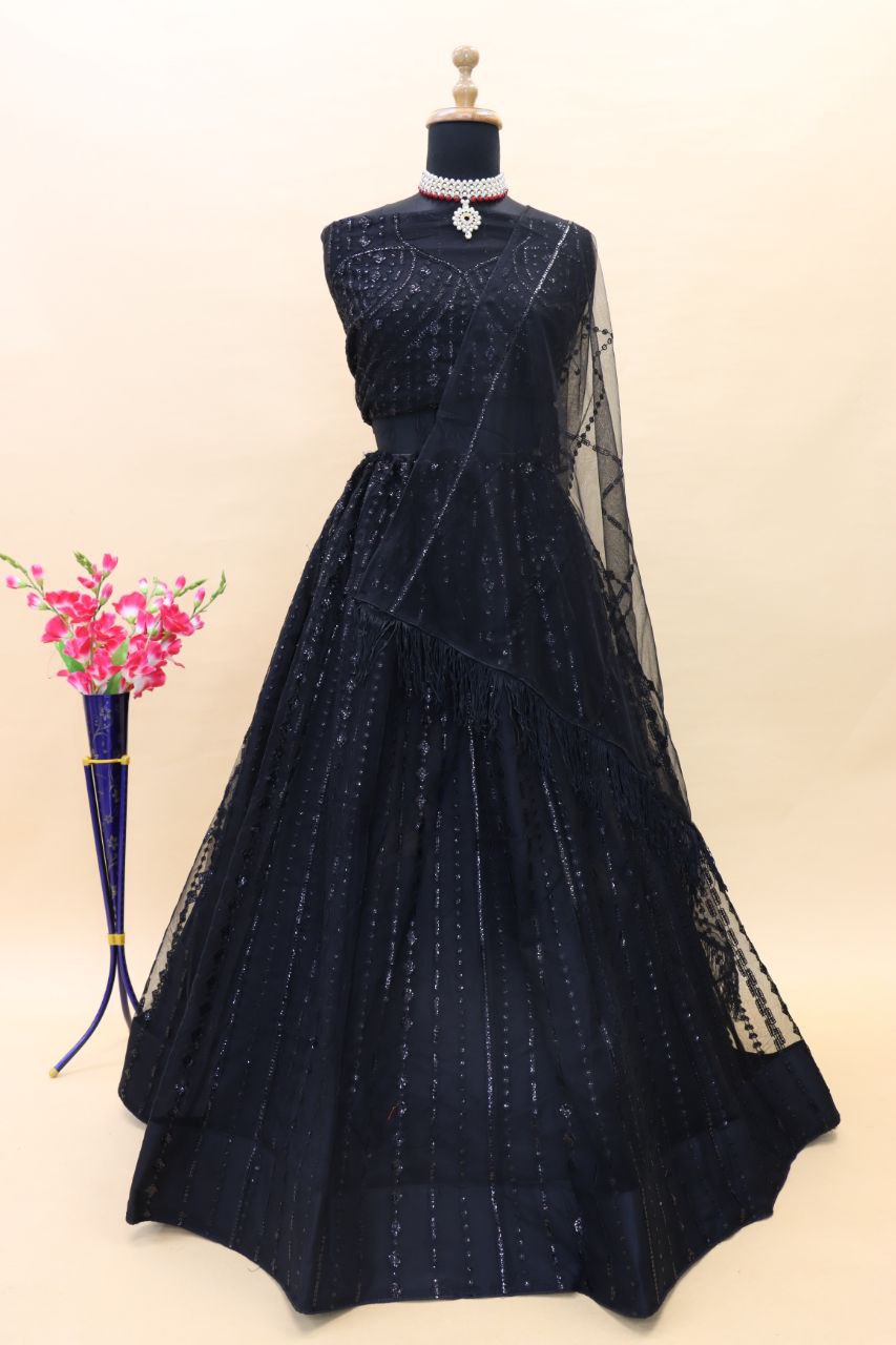 Black Soft Net Embroidered Semi Stitched Lehenga Choli
