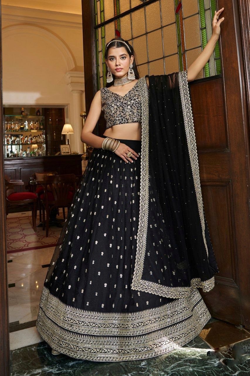 Black Soft Net Sequence Work Lehenga Choli