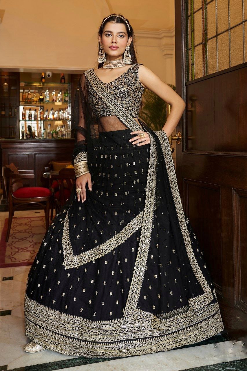 Black Soft Net Sequence Work Lehenga Choli