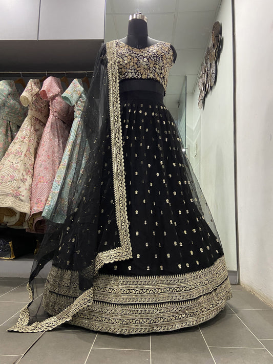 Black Soft Net Sequence Work Lehenga Choli