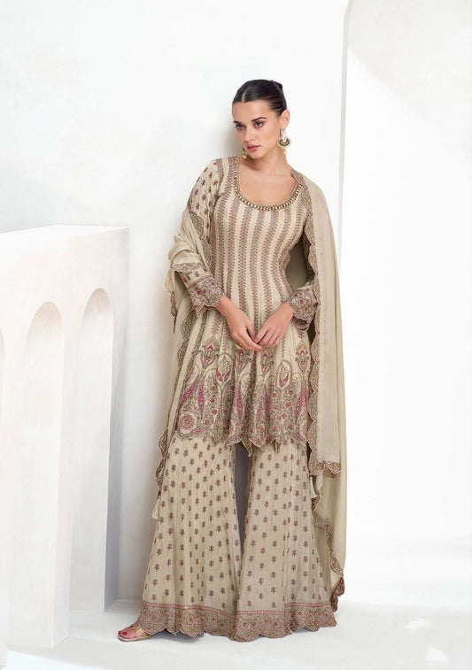 Cream Color Georgette Fully Stitched Chain Work Sharara Suit