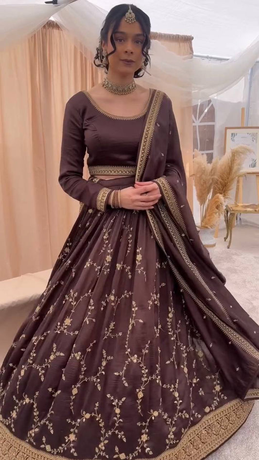 Coffee Colour Chinon Silk Thread with Sequnce Work Lehenga Choli