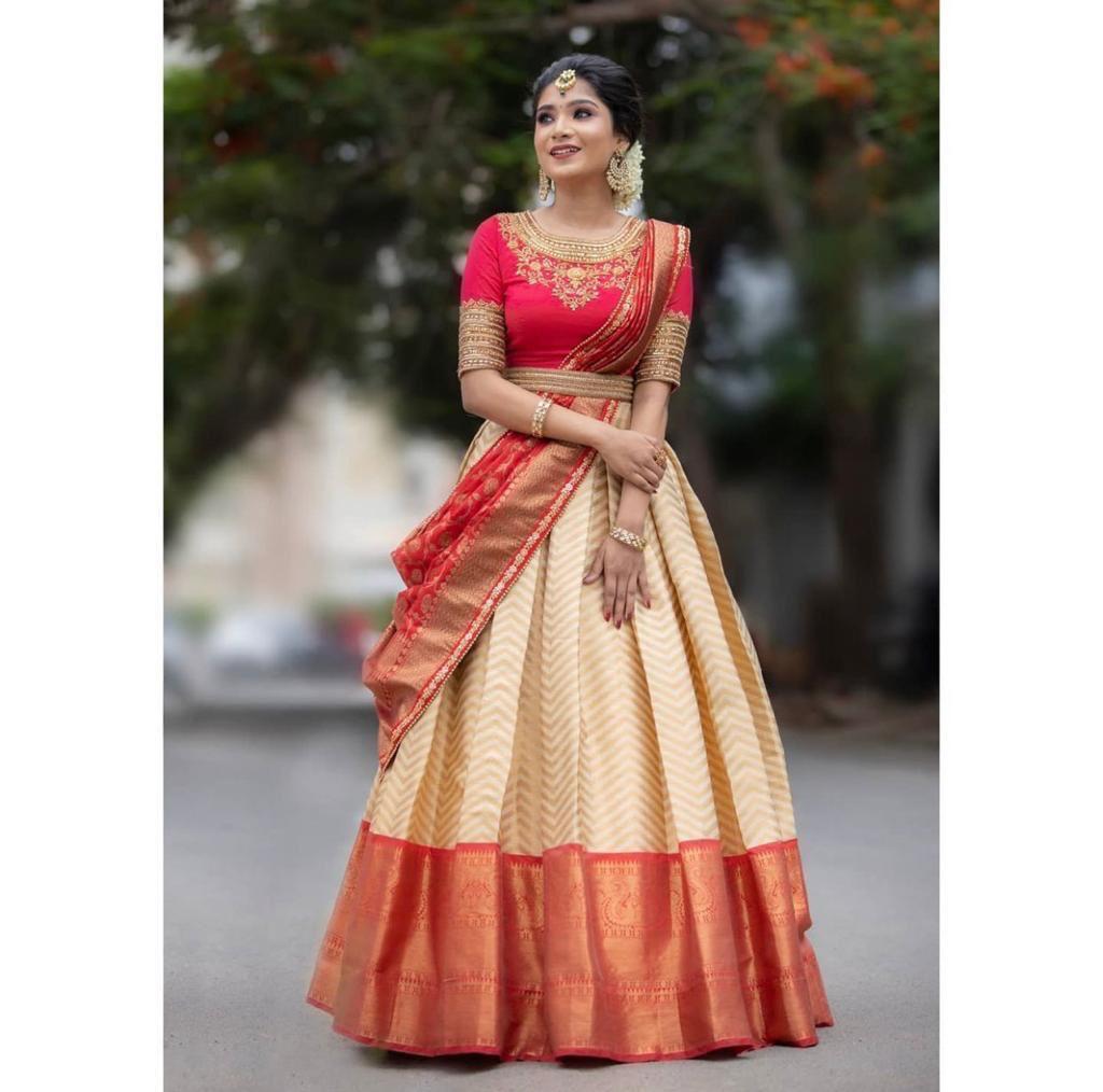 Cream Colour Kanjiveram Silk Zari Lehanga Choli
