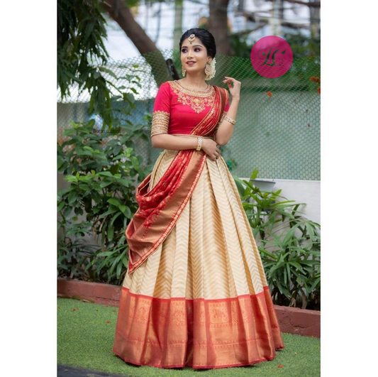 Cream Colour Kanjiveram Silk Zari Lehanga Choli