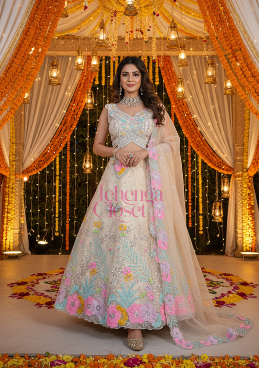 Wedding Wear Colorful Floral Work Organza Silk Lehenga Choli