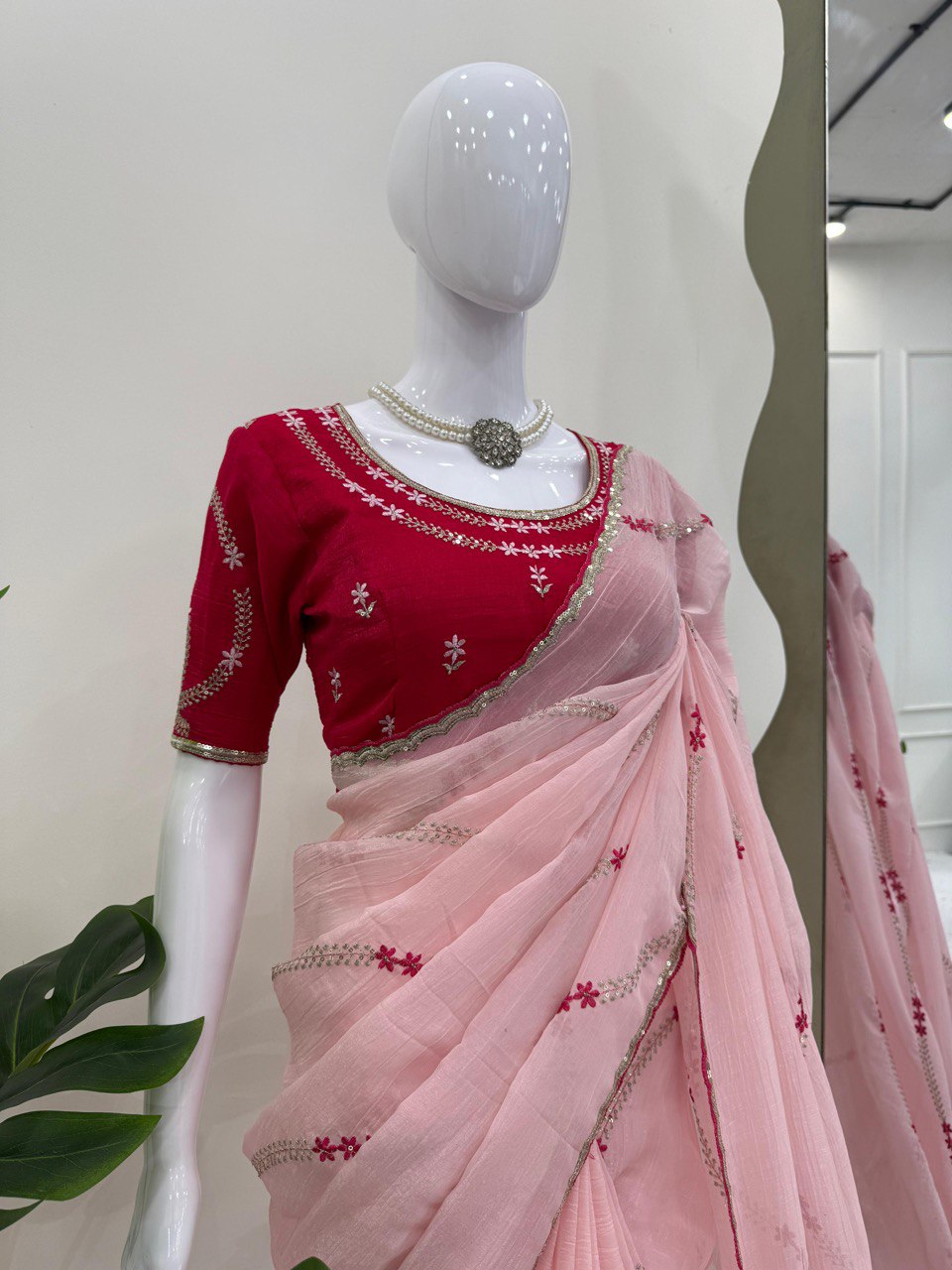 Elegant Pink Crunchy Silk Saree with Thread & Sequence Work