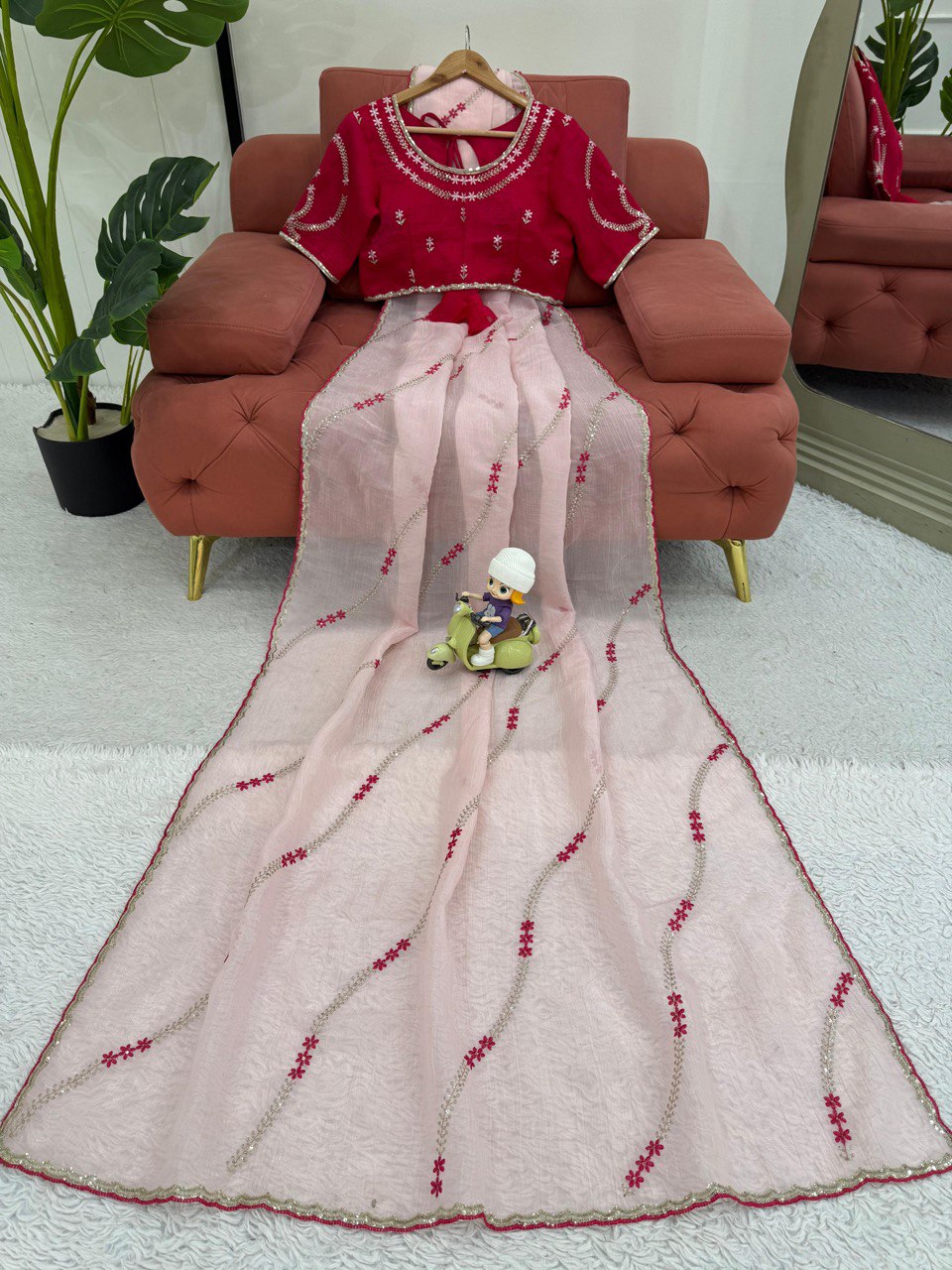 Elegant Pink Crunchy Silk Saree with Thread & Sequence Work