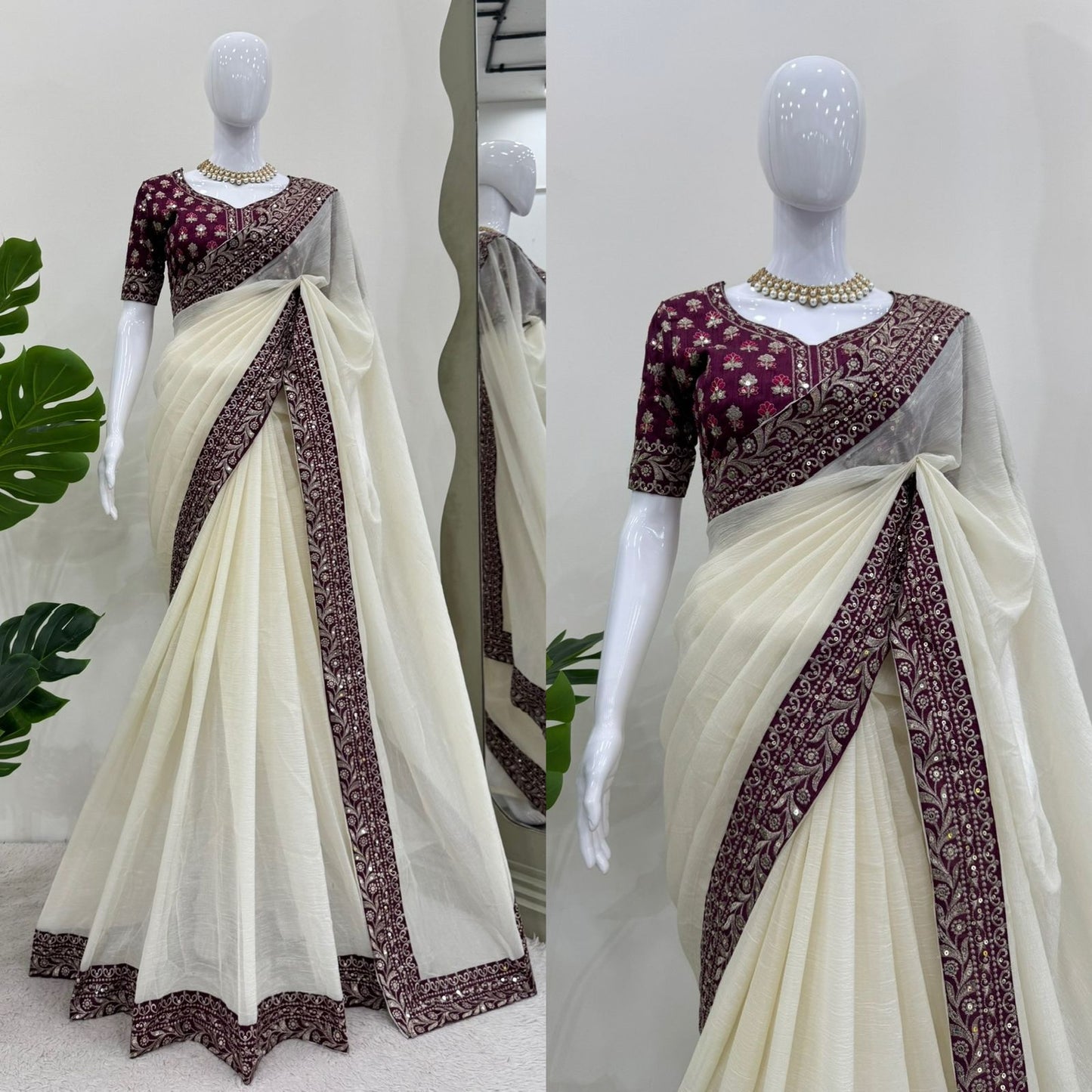 Graceful Off White Crunchy Silk Saree for Wedding & Festive Wear