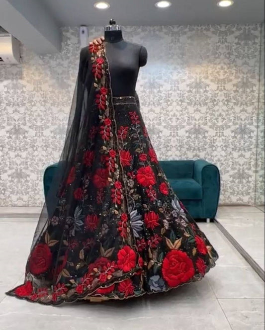 Designer Soft Net Multi Thread Embroidered Work Lehenga Choli