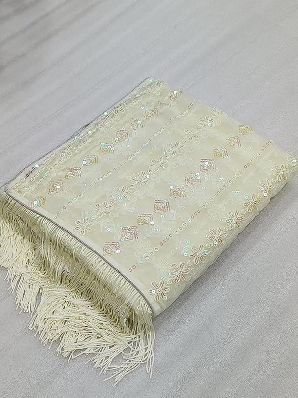 Amazing Ivory Soft Net Sequence Work Saree With Embroidered Blouse