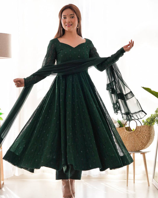 Grace in Green  Heavy Work Long Gown Full Stiched
