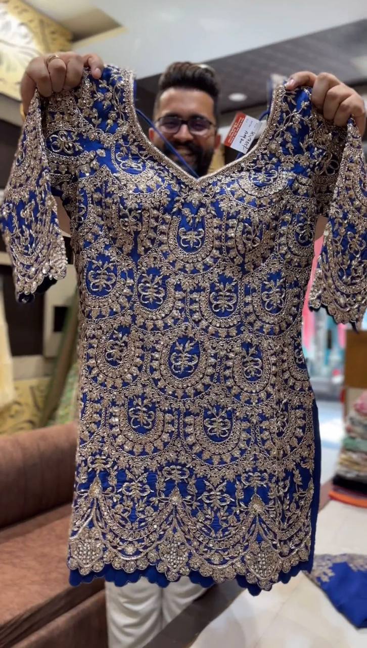 Royal Blue Sharara Set with Sequence & Thread Work