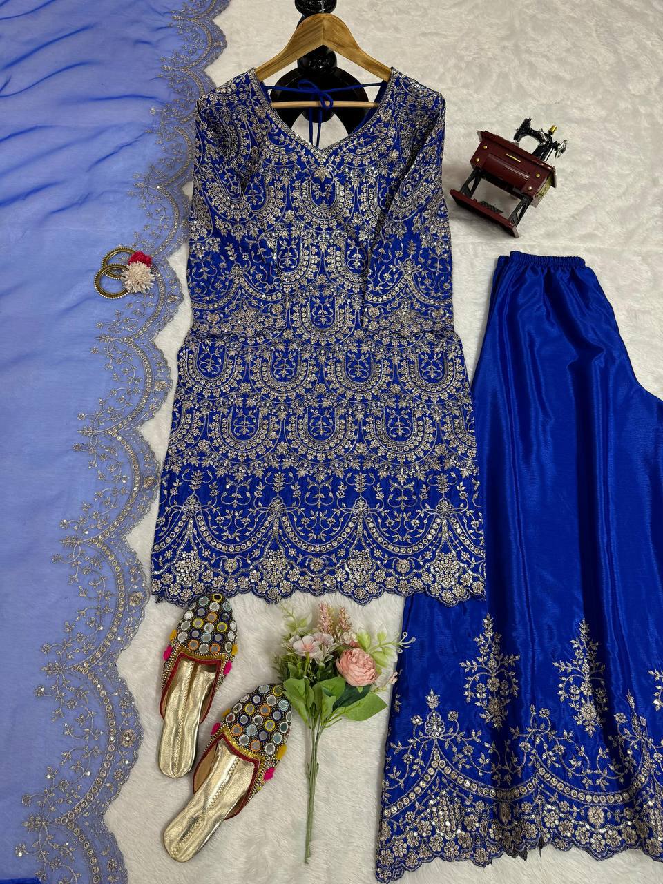 Royal Blue Sharara Set with Sequence & Thread Work
