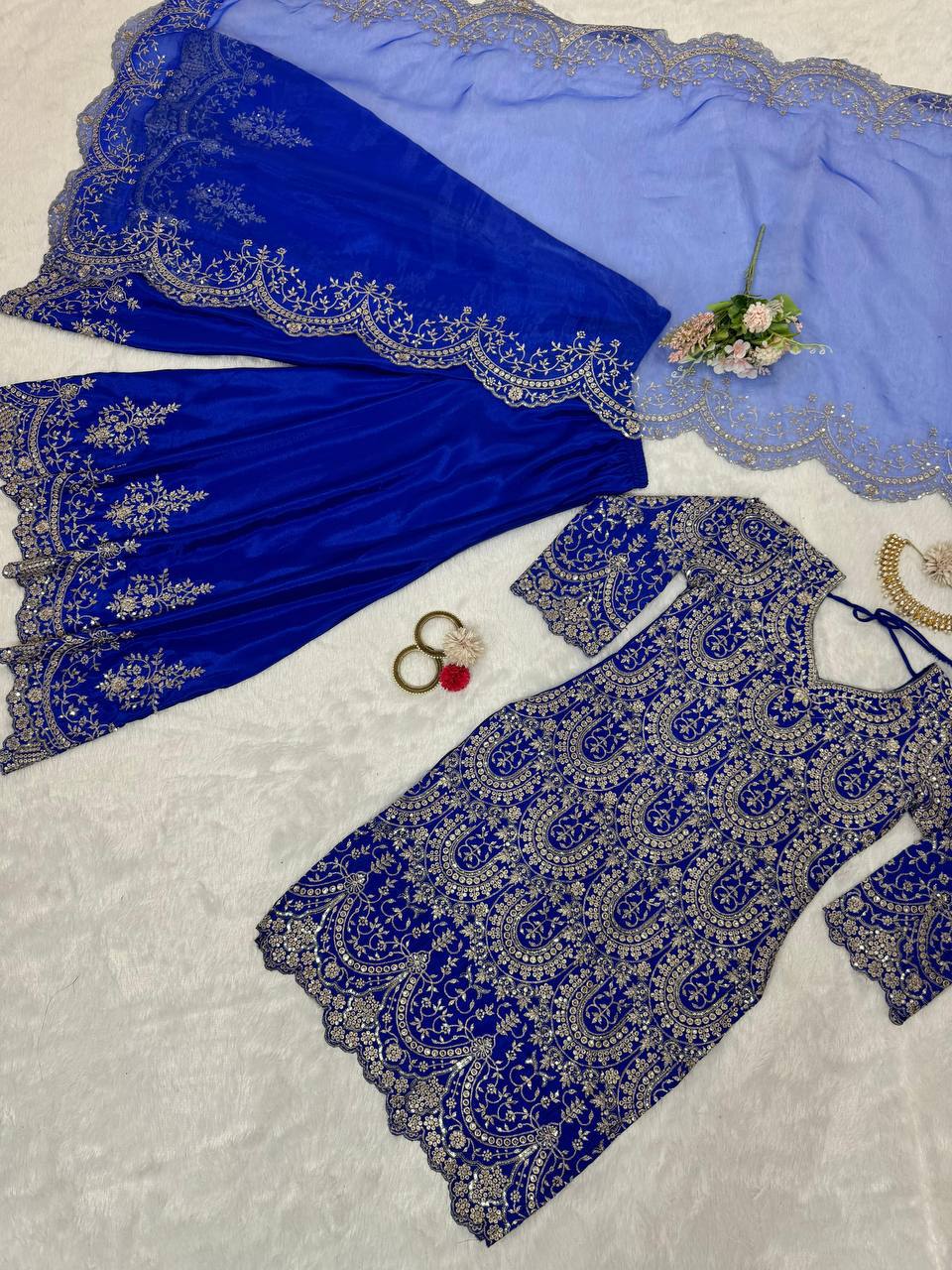 Royal Blue Sharara Set with Sequence & Thread Work
