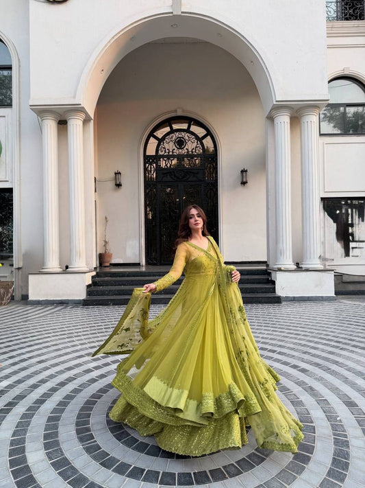 Mehendi Green Wedding Functions Gown Full Stiched
