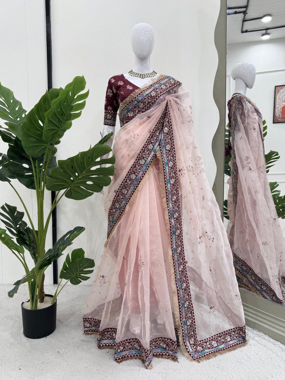 Elegant Peach Organza Saree for Festive & Wedding Wear