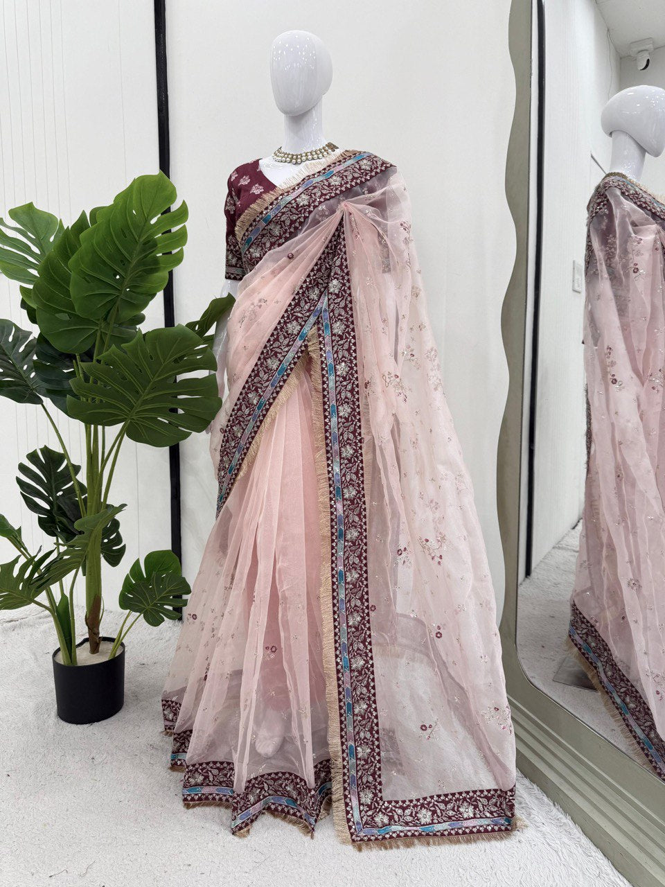 Elegant Peach Organza Saree for Festive & Wedding Wear