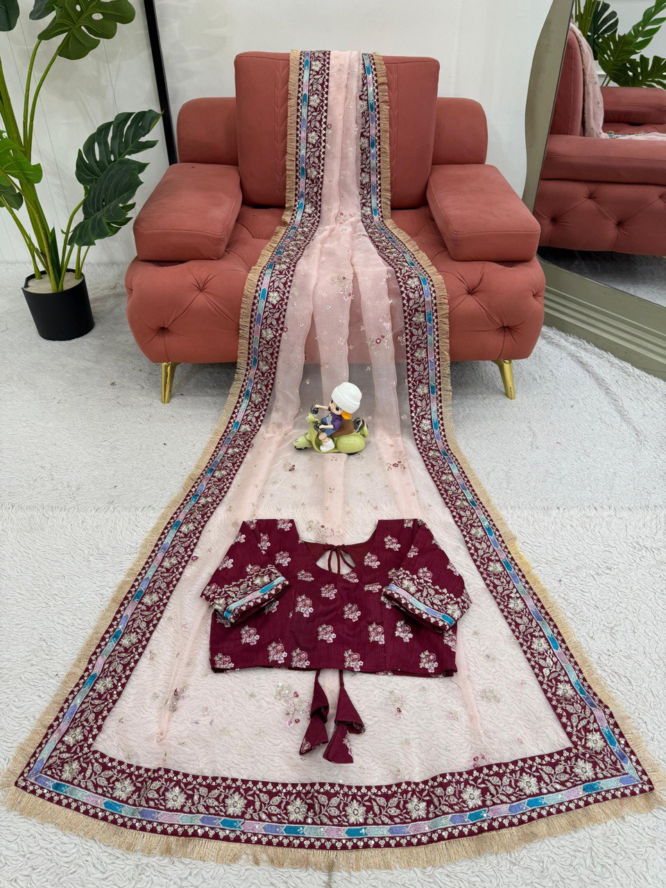 Elegant Peach Organza Saree for Festive & Wedding Wear