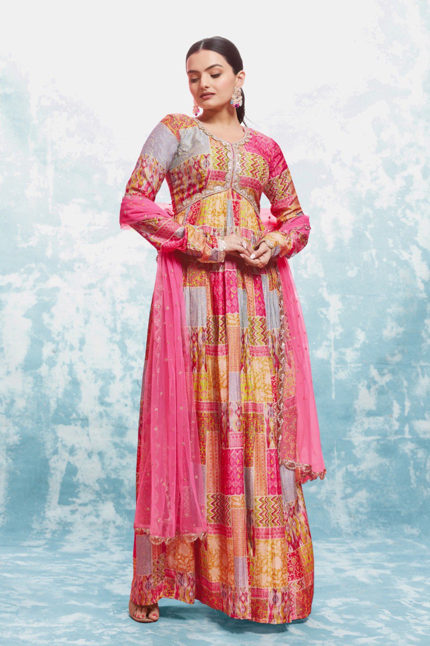 Multi Color Cotton Digital Printed Gown With Dupatta