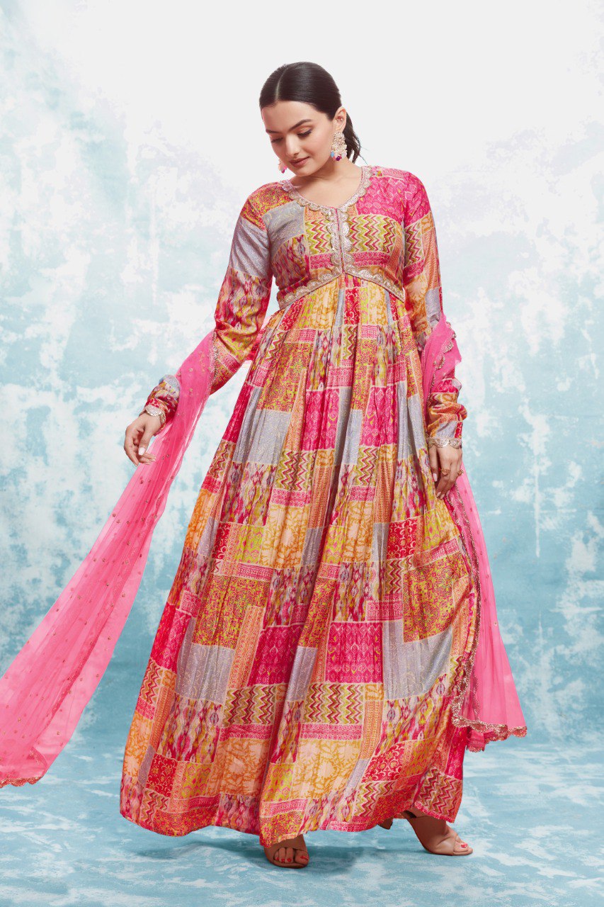 Multi Color Cotton Digital Printed Gown With Dupatta