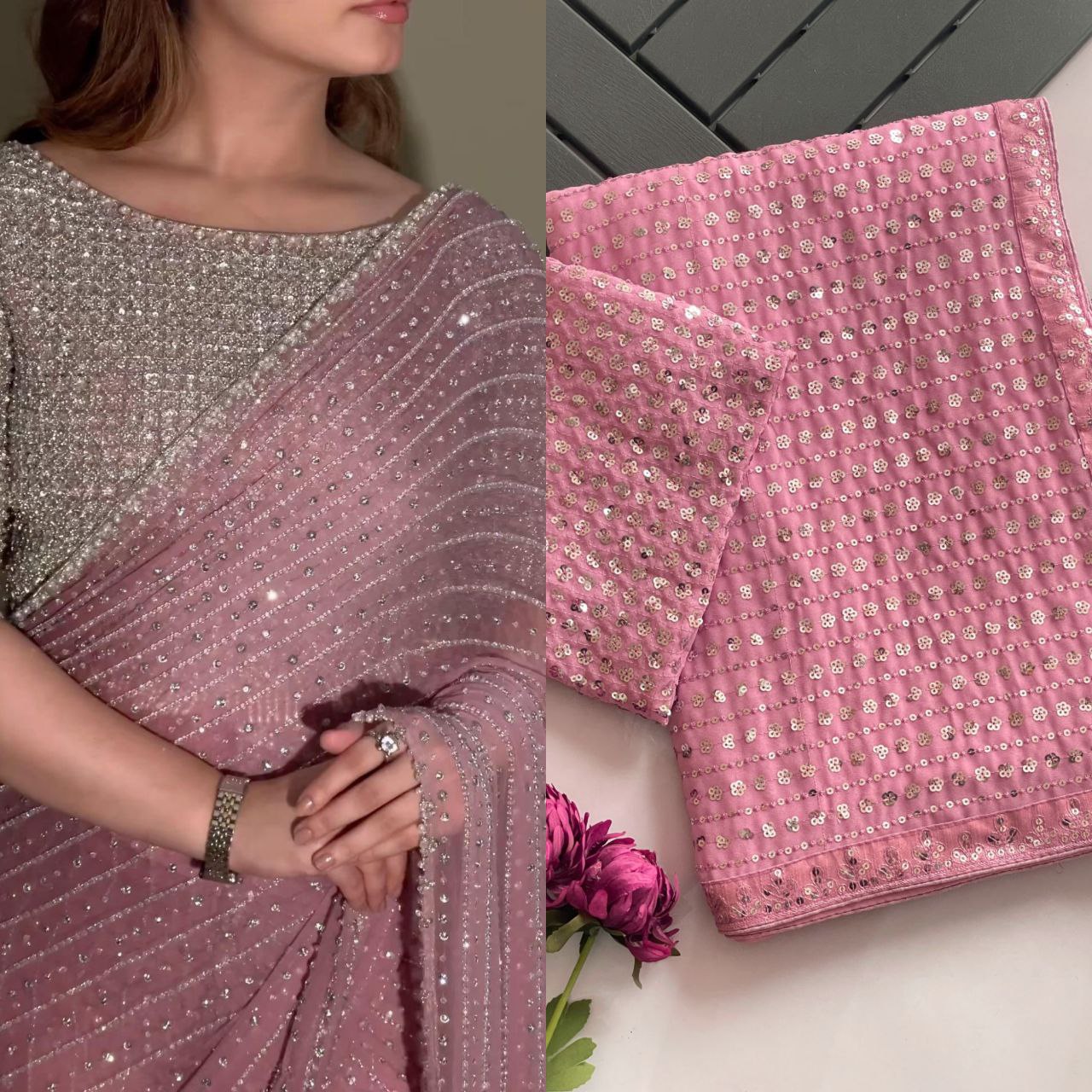 Onion Colour Georgette Saree With Heavy Sequins Embroidery