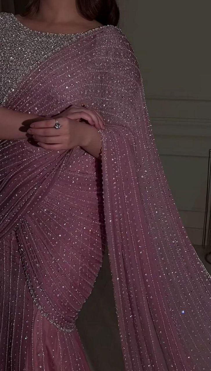 Onion Colour Georgette Saree With Heavy Sequins Embroidery