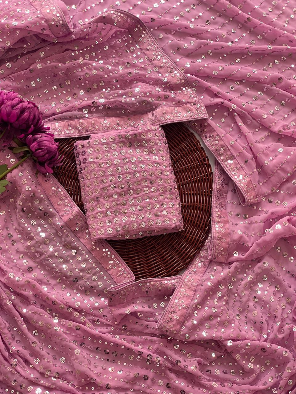 Onion Colour Georgette Saree With Heavy Sequins Embroidery