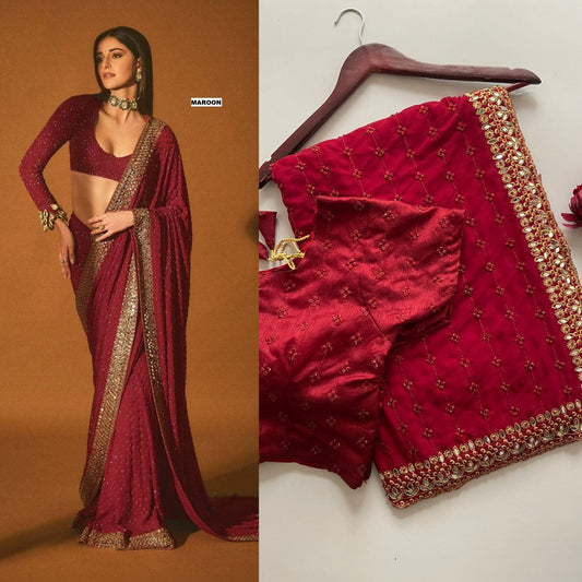 Faux Georgette Beautiful LCD Daimond & Oringnal Mirror Work  Saree