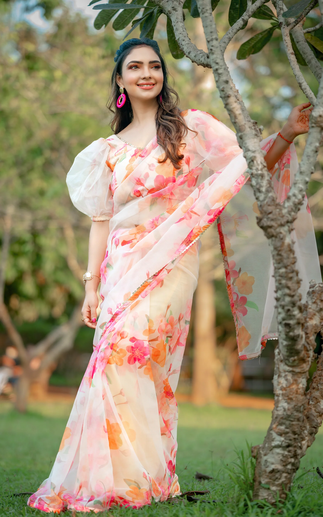 Adorable Dual Color Organza Silk Print Saree Blouse For Women