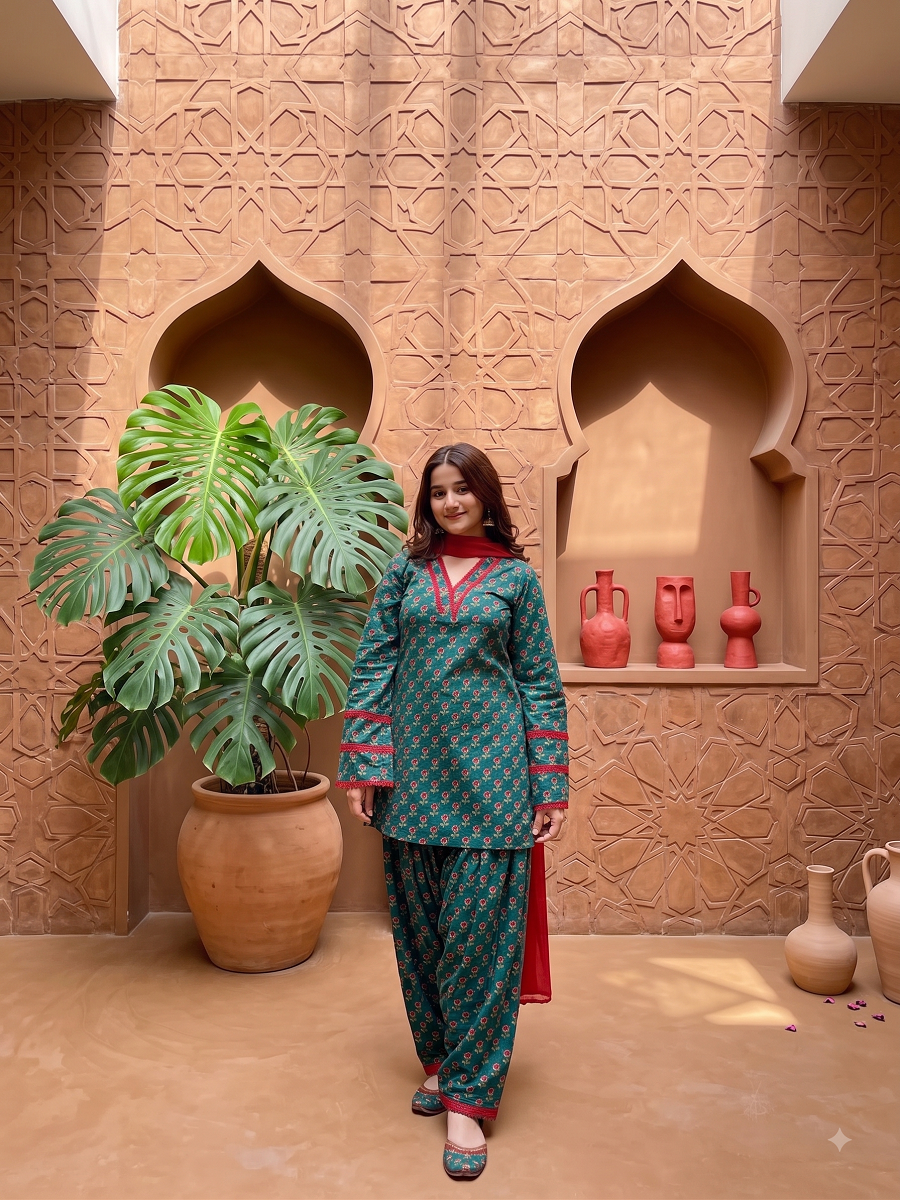 Teal Green Floral Printed Cotton Kurti with Farshi Salwar and Dupatta Set