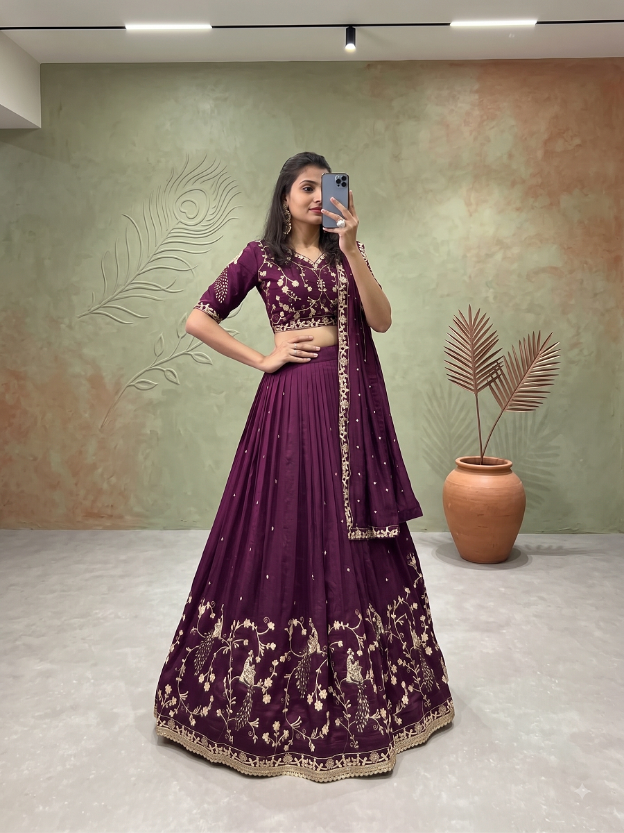 Purple Vichitra Silk Embroidered Lehenga Choli with Peacock Motifs and Dupatta for Women