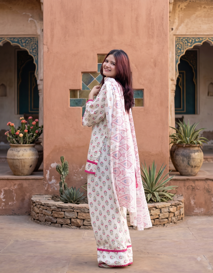 Festive Printed Straight Kurta Set paired with Wide Farshi Salwar and Dupatta