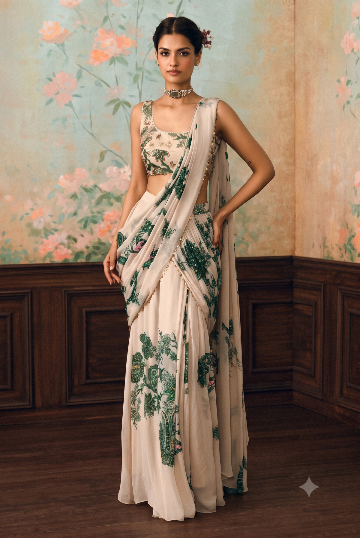 Off White Floral Printed Ready to Wear Georgette Saree with Embroidered Unstich Blouse Piece
