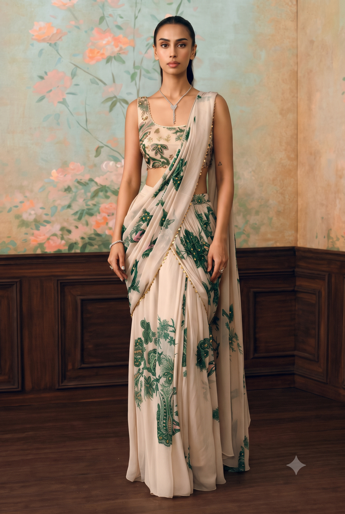Off White Floral Printed Ready to Wear Georgette Saree with Embroidered Unstich Blouse Piece