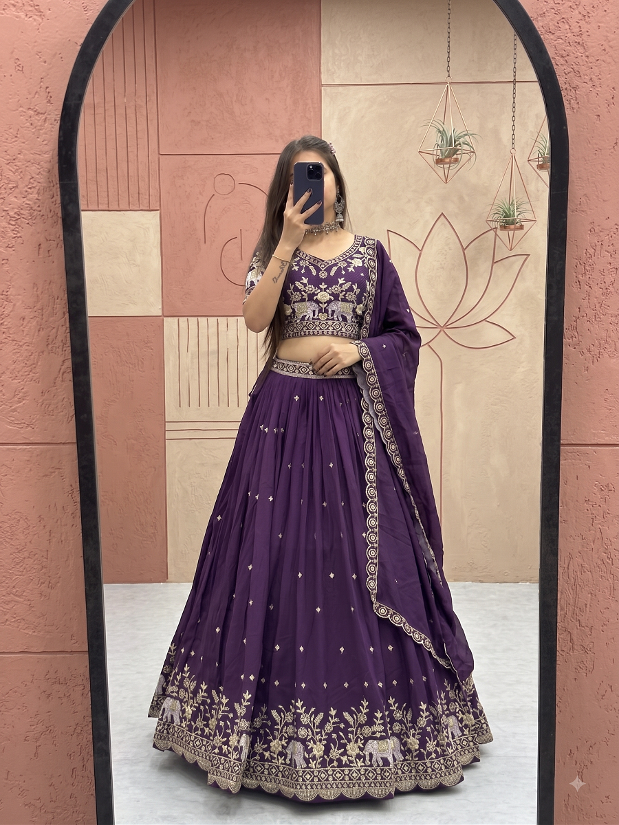 Traditional Elephant Motif Embroidered Lehenga Choli Set with Cutwork Dupatta