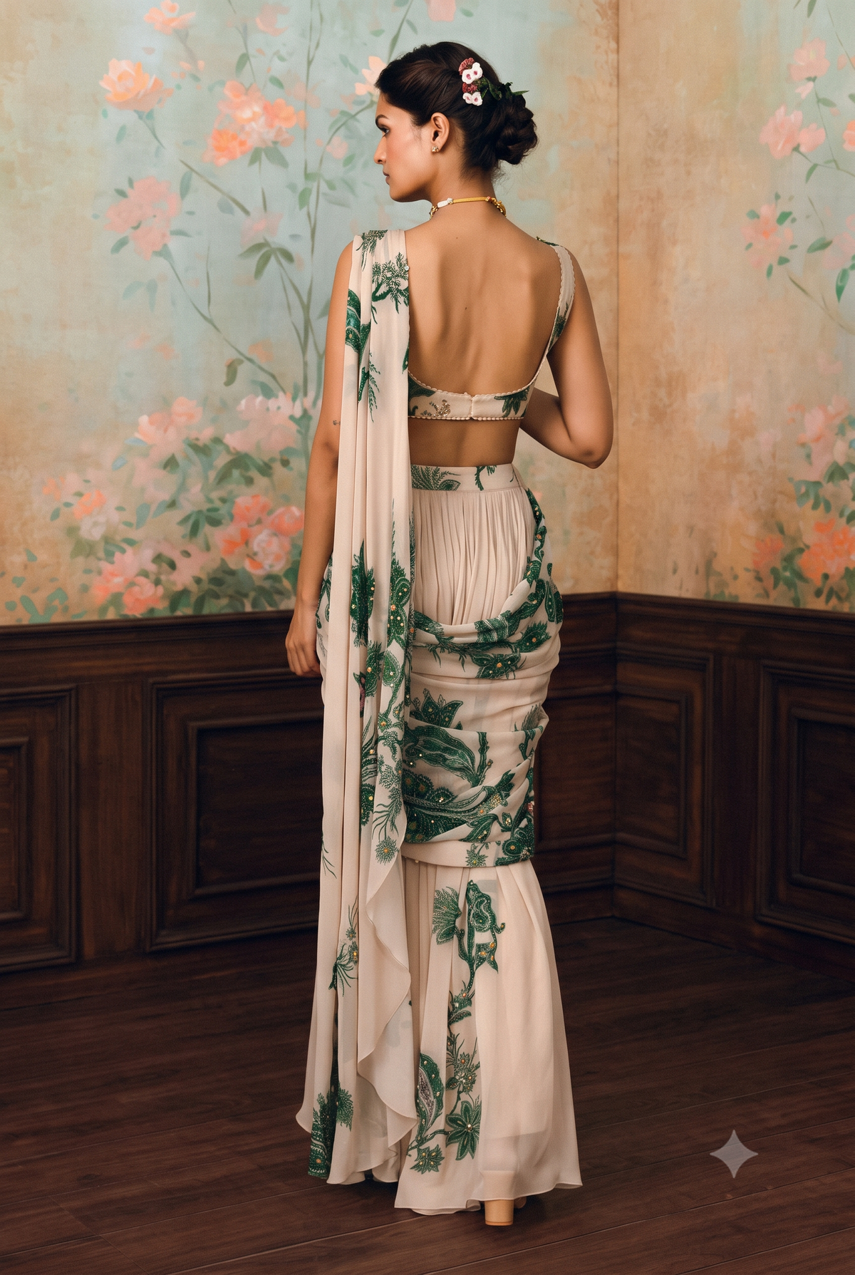 Off White Floral Printed Ready to Wear Georgette Saree with Embroidered Unstich Blouse Piece