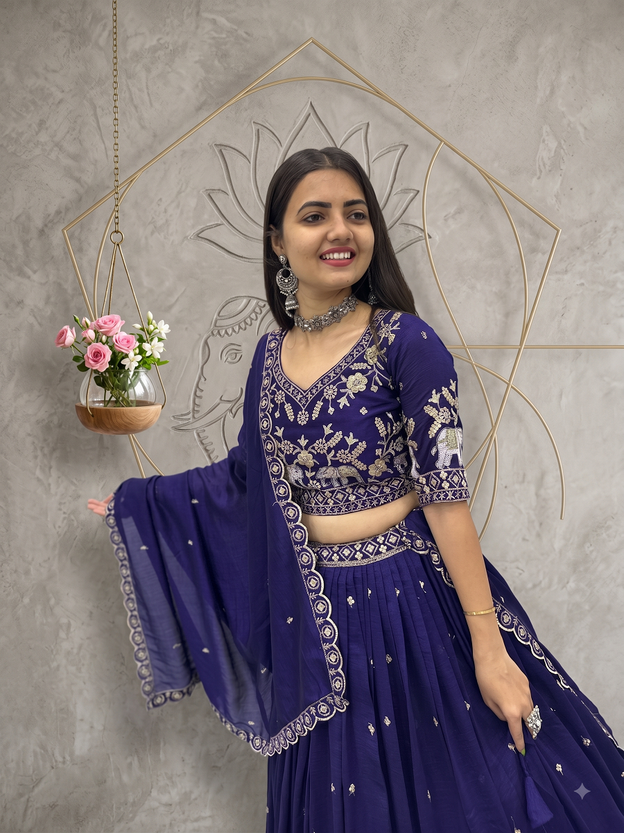 Traditional Elephant Motif Embroidered Lehenga Choli Set with Cutwork Dupatta