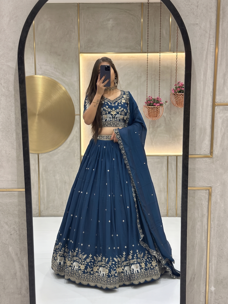 Traditional Elephant Motif Embroidered Lehenga Choli Set with Cutwork Dupatta