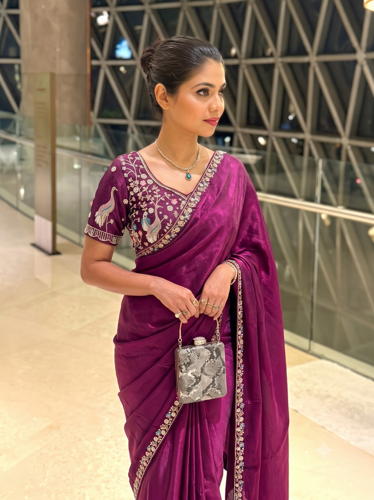 Indian Wedding Wear  Saree with  Stich Peacock Embroidered Blouse Piece