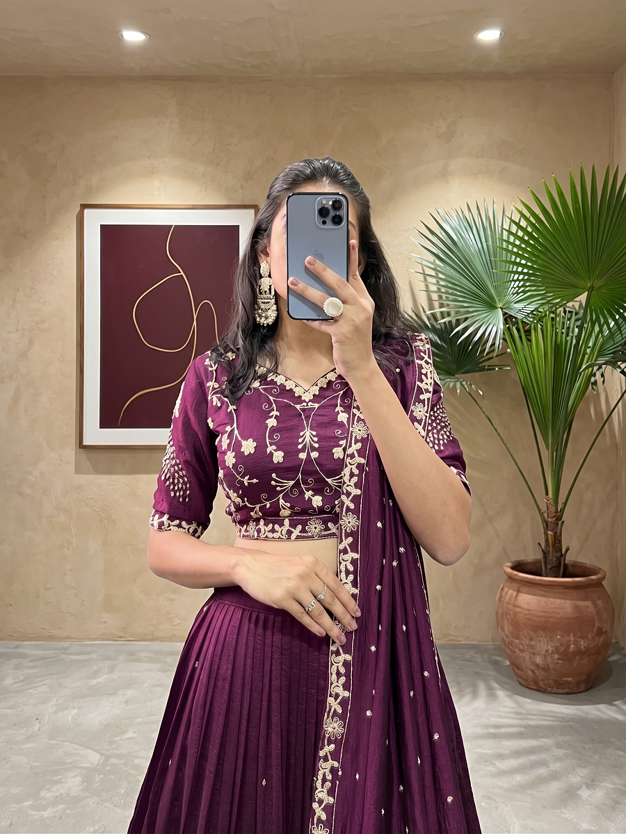 Purple Vichitra Silk Embroidered Lehenga Choli with Peacock Motifs and Dupatta for Women