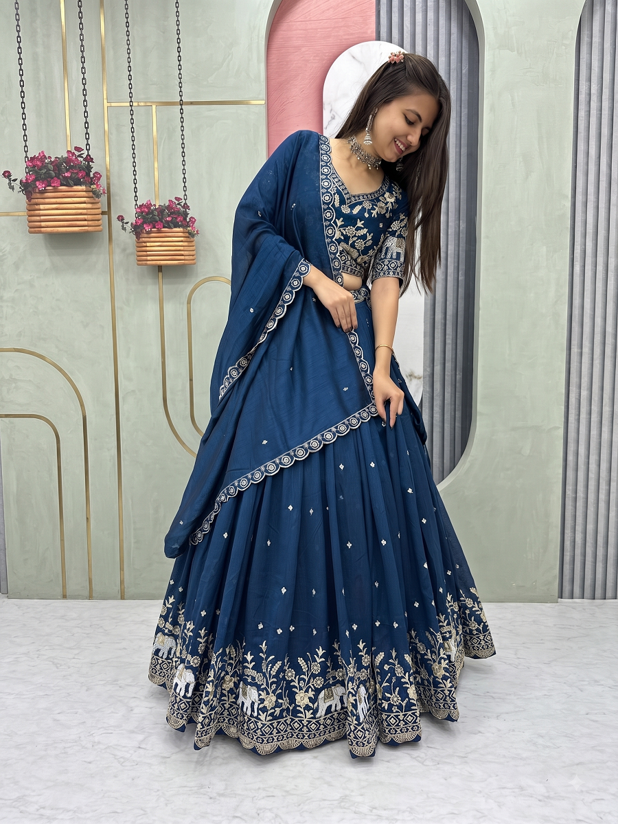 Traditional Elephant Motif Embroidered Lehenga Choli Set with Cutwork Dupatta